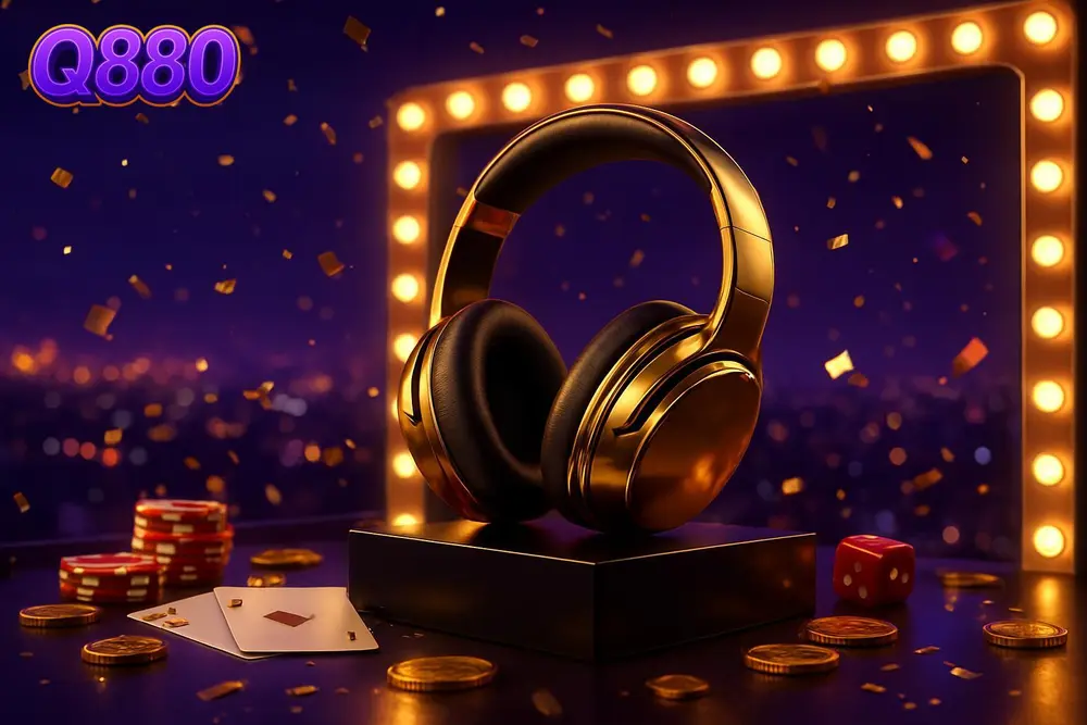 Q880 App — glossy headset on podium under glowing bulb marquee at night Q880 App — glossy headset on podium under glowing bulb marquee at night