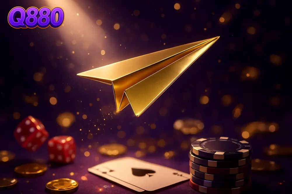 Q880 App — golden paper plane soaring through spotlight in darkness Q880 App — golden paper plane soaring through spotlight in darkness