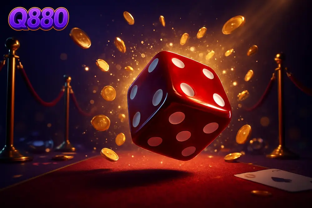 Q880 Aviator Game — dice tumbling mid-air along red carpet in dramatic light Q880 Aviator Game — dice tumbling mid-air along red carpet in dramatic light
