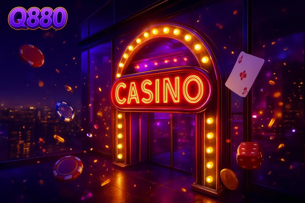 Q880 Aviator Game — neon arch entrance glowing above city skyline at night Q880 Aviator Game — neon arch entrance glowing above city skyline at night
