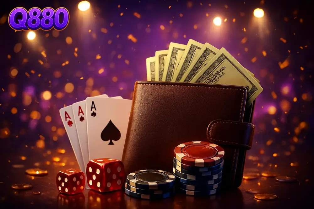 Q880 bKash Deposit — leather wallet fanned with cash and chips on lit stage Q880 bKash Deposit — leather wallet fanned with cash and chips on lit stage