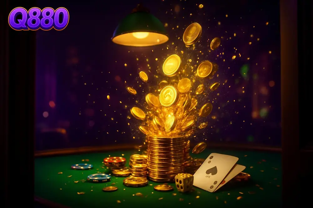 Q880 bKash Deposit — fountain of gold coins bursting over green felt table Q880 bKash Deposit — fountain of gold coins bursting over green felt table