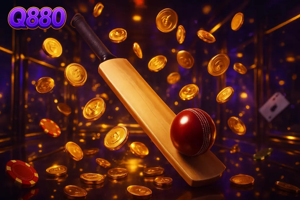 Q880 Cricket Betting — cricket bat and ball amid golden coins in mirrored hall Q880 Cricket Betting — cricket bat and ball amid golden coins in mirrored hall