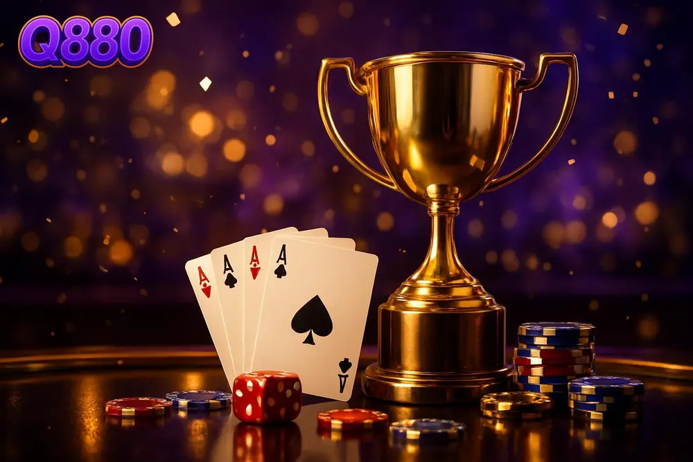 Q880 Cricket Betting — golden trophy cup on champagne bar with cards and chips Q880 Cricket Betting — golden trophy cup on champagne bar with cards and chips