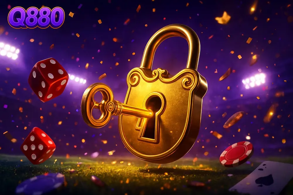 Q880 Login — golden key turning padlock on floodlit stadium pitch Q880 Login — golden key turning padlock on floodlit stadium pitch
