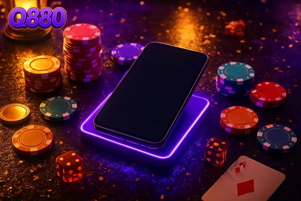 Q880 Login — smartphone on podium surrounded by scattered casino chips at night Q880 Login — smartphone on podium surrounded by scattered casino chips at night