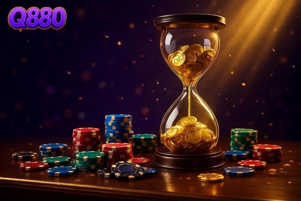 Q880 Signup Bonus — hourglass filled with gold coins on bar counter with chips Q880 Signup Bonus — hourglass filled with gold coins on bar counter with chips