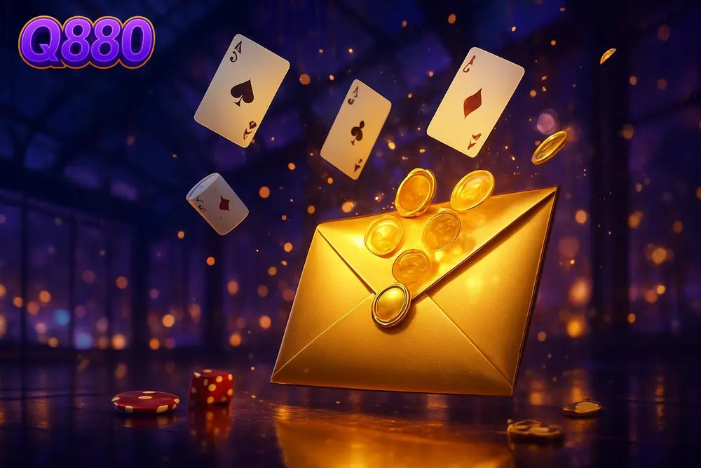 Q880 Signup Bonus — golden envelope bursting with coins in glass atrium reflection Q880 Signup Bonus — golden envelope bursting with coins in glass atrium reflection
